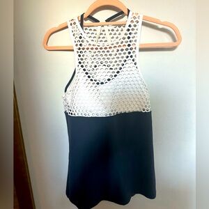 Lorna Jane Navy Blue White Mesh Sports Tank Top with built-in white sports bra S